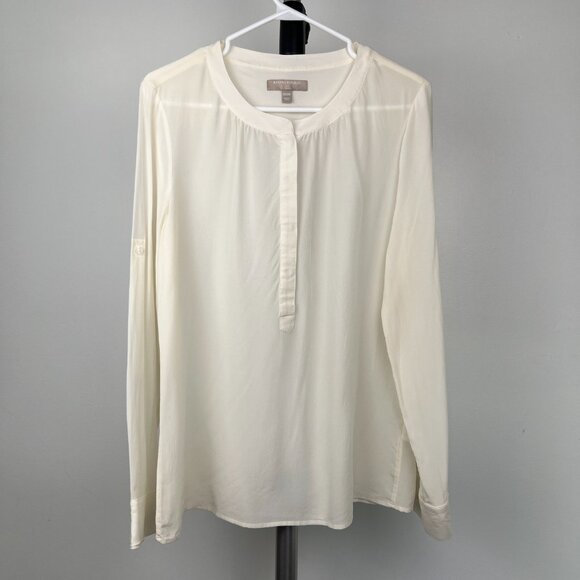 Sz M- Banana Republic Silk‎ Cream Roll-up Sleeve Snap Button Half Placket Blouse - Picture 2 of 13